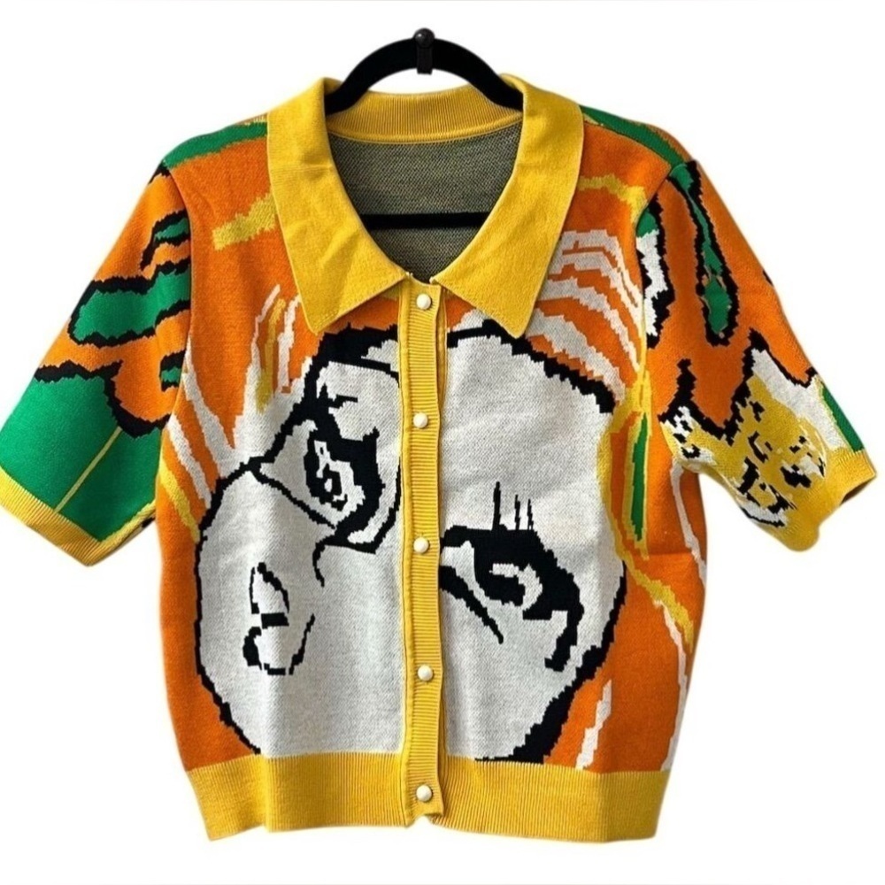 Y2k Trendy Multicolor Graphic Crop Button Up Sweater Cardigan L Cartoon Spring